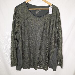 By CHICO’S Green Gold Long Sleeves Lace Cotton Modal Tee Shirt Top size 4